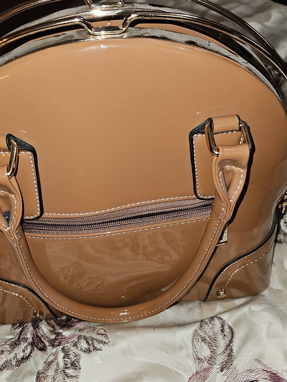 Glossy Tan Dome Satchel with Top Handles